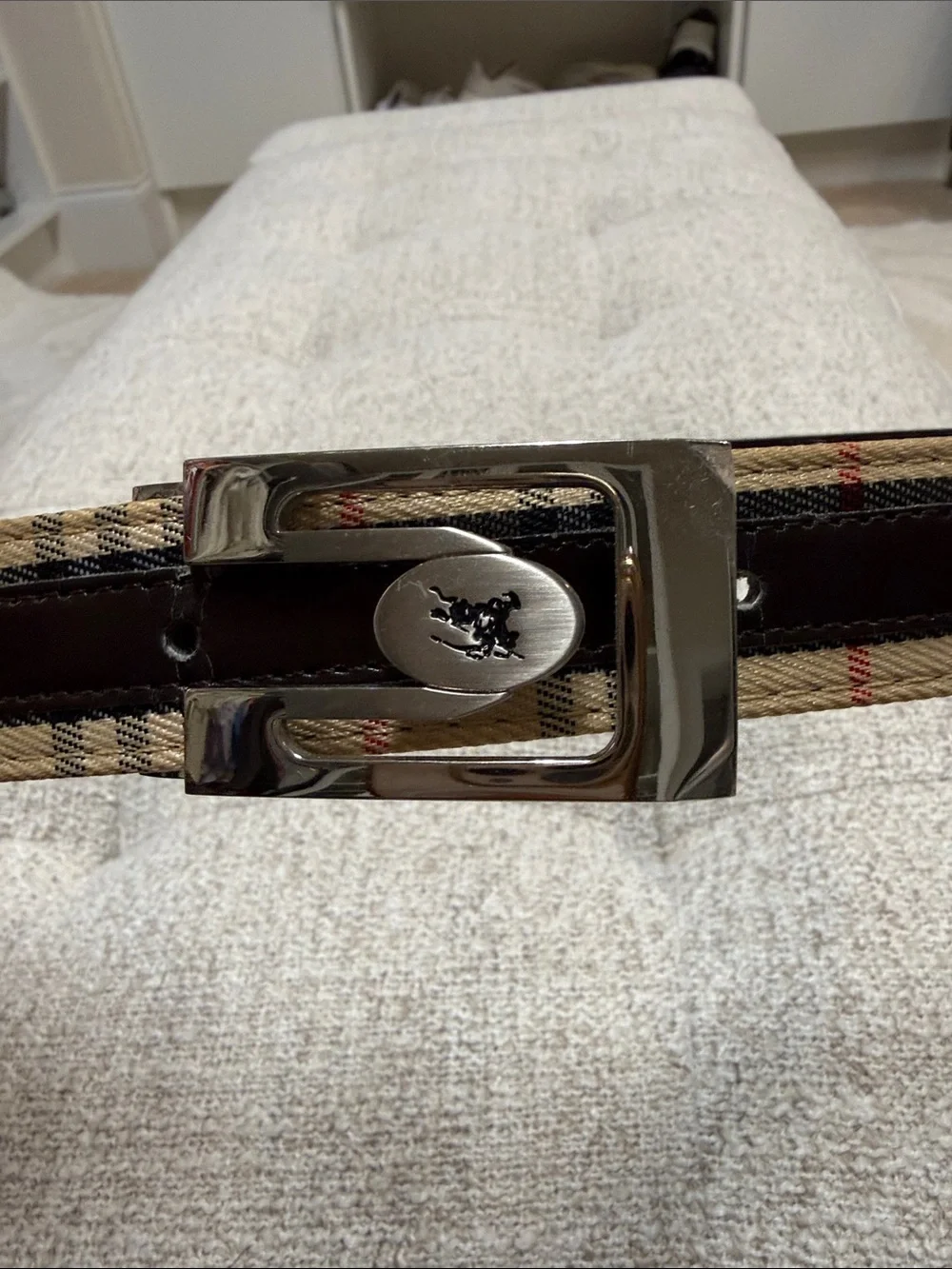 Burberry Classic Plaid Belt with Silver Buckle